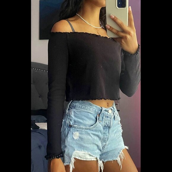 Off-the-Shoulder Ribbed Top with Ruffled Hems - Picture 1 of 1